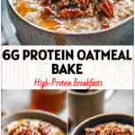 A bowl of Healthy Maple Pecan Baked Oatmeal topped with toasted pecans and maple drizzle for a cozy fall breakfast.